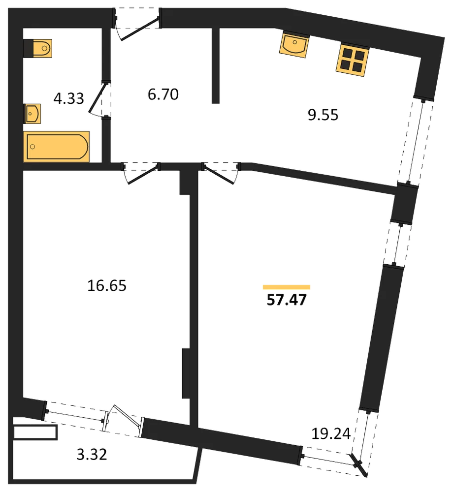 Планировка: 2-комн., 57,5 м²