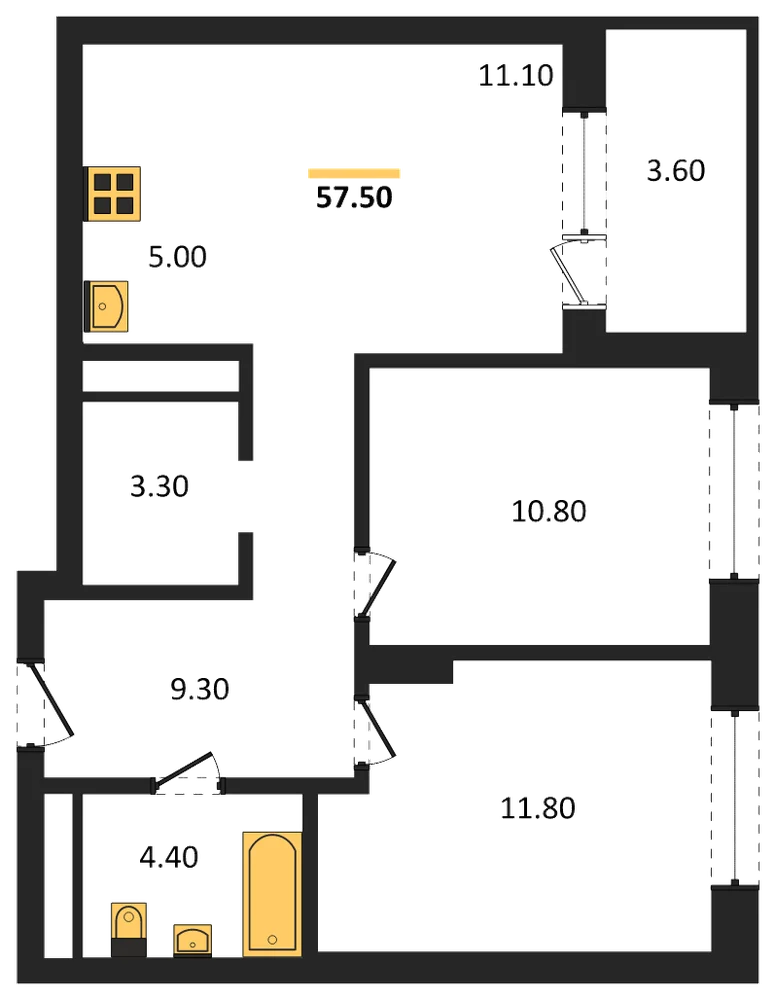 Планировка: 2-комн., 57,5 м²