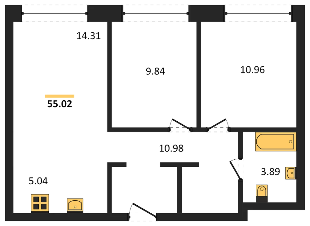 Планировка: 3-комн., 55 м²
