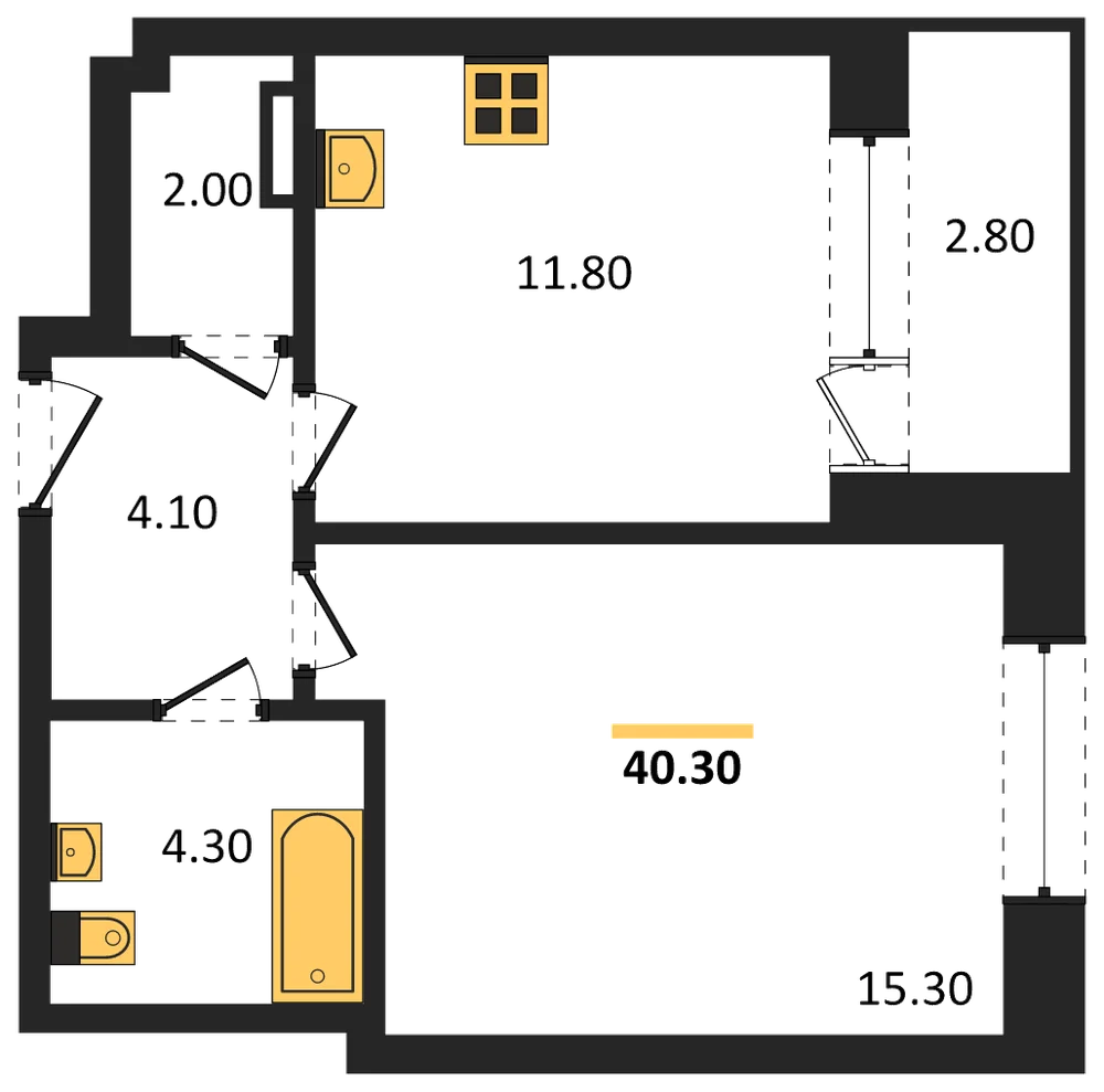 Планировка: 1-комн., 40,3 м²