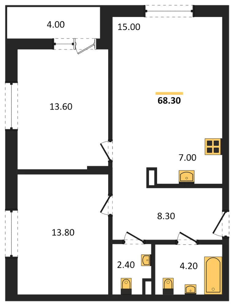 Планировка: 2-комн., 68,3 м²