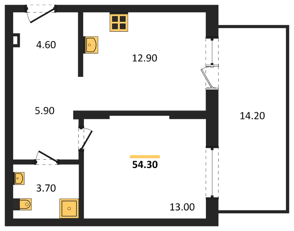 Планировка: 1-комн., 54,3 м²