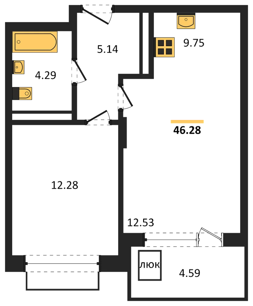 Планировка: 1-комн., 46,3 м²