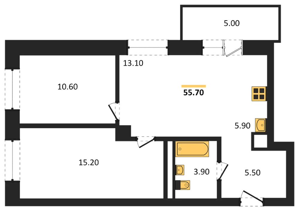 Планировка: 2-комн., 55,7 м²