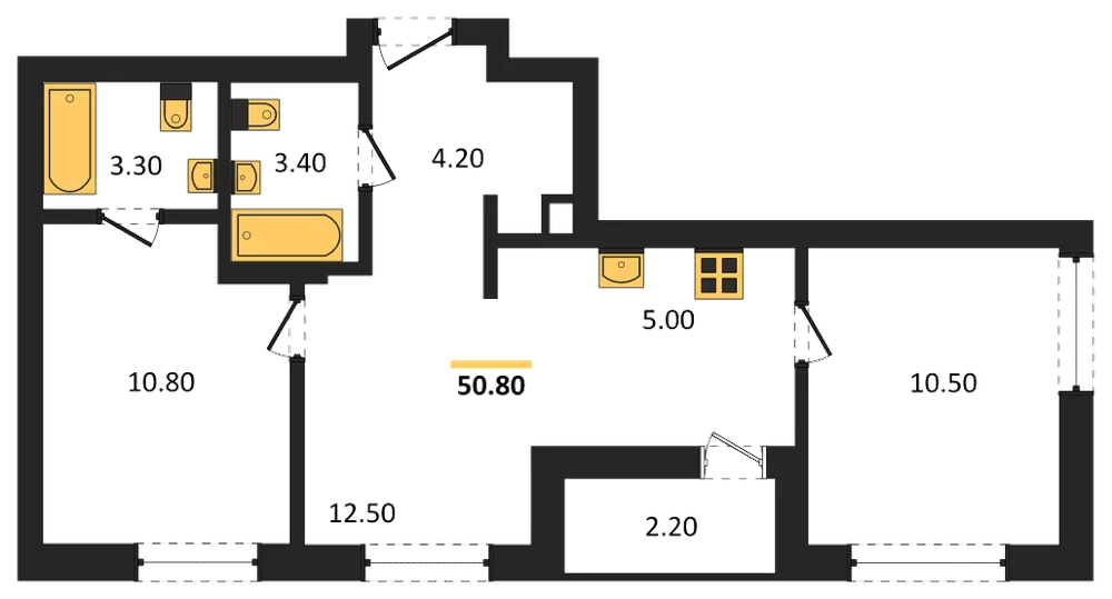 Планировка: 2-комн., 50,8 м²