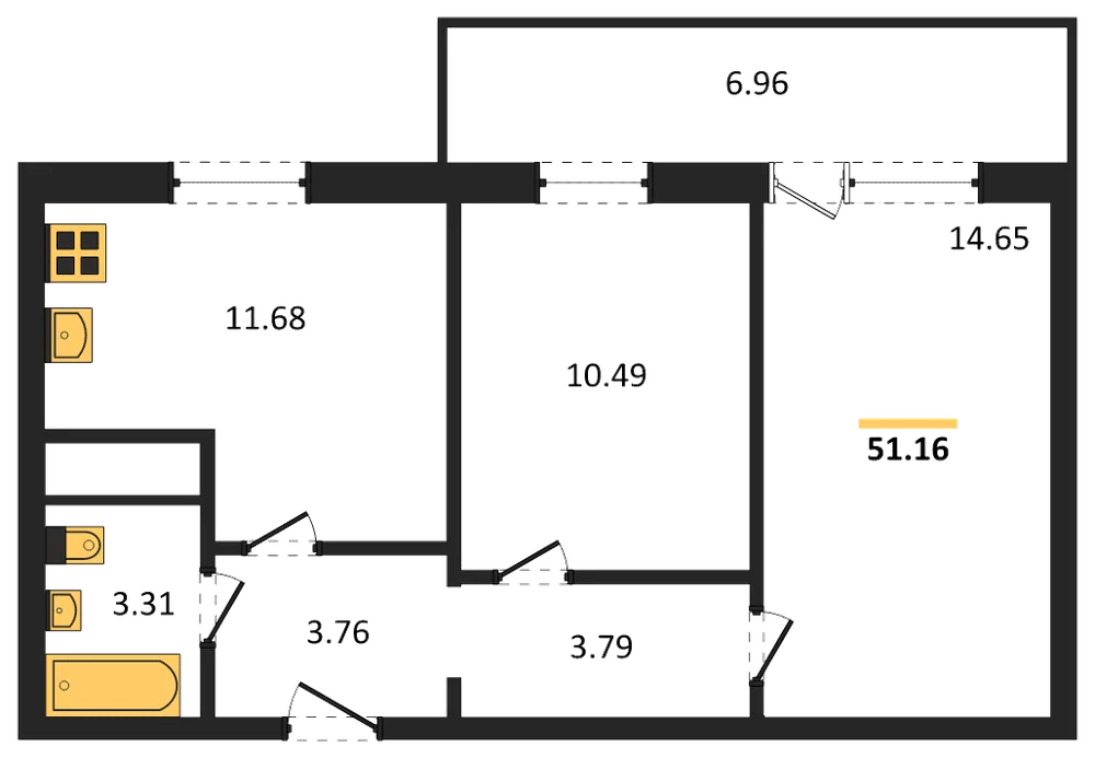 Планировка: 2-комн., 51,2 м²
