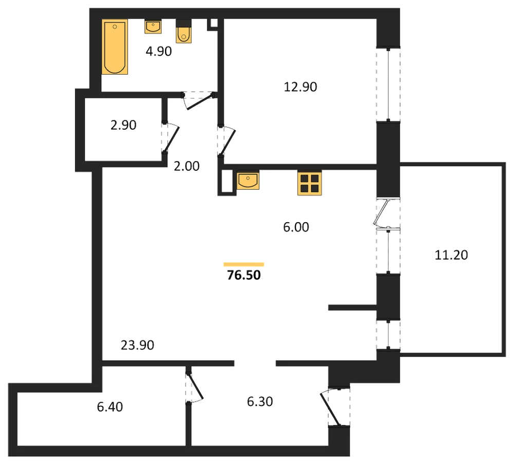 Планировка: 1-комн., 76,6 м²
