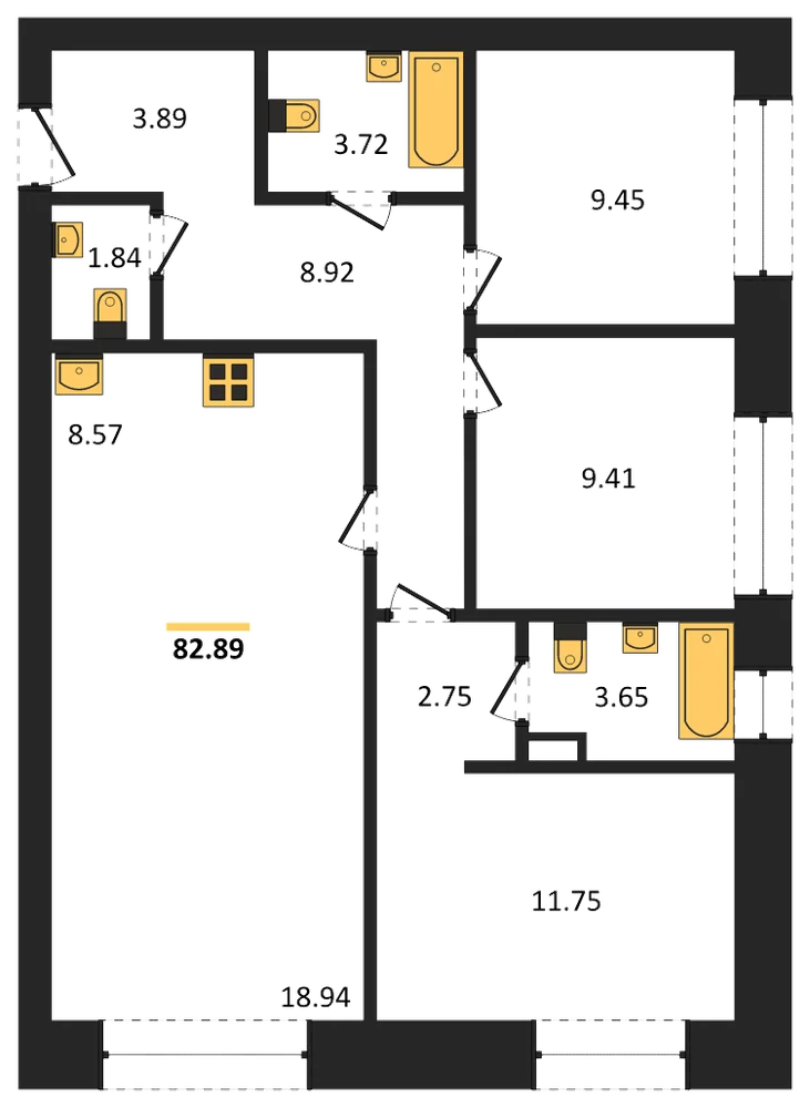 Планировка: 3-комн., 82,9 м²