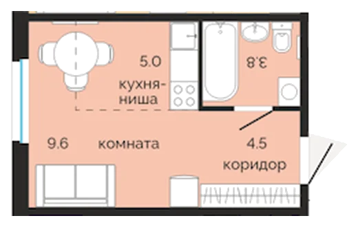 Планировка: Студия, 22,9 м²