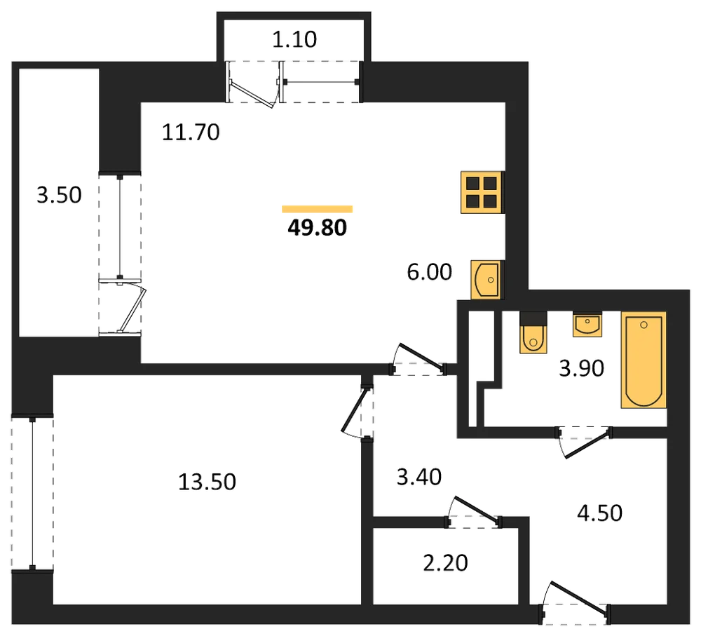 Планировка: 1-комн., 49,8 м²