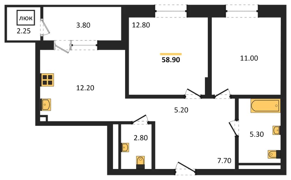 Планировка: 2-комн., 58,9 м²