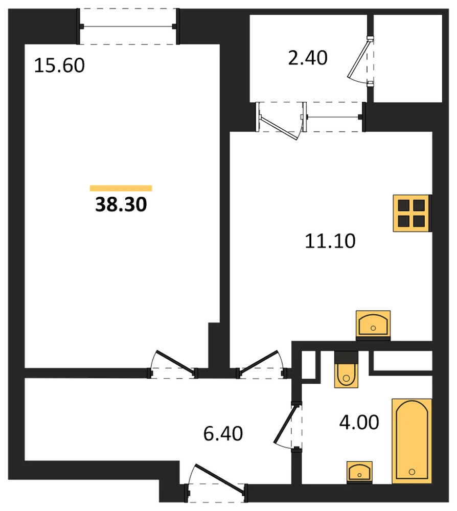 Планировка: 1-комн., 38,3 м²
