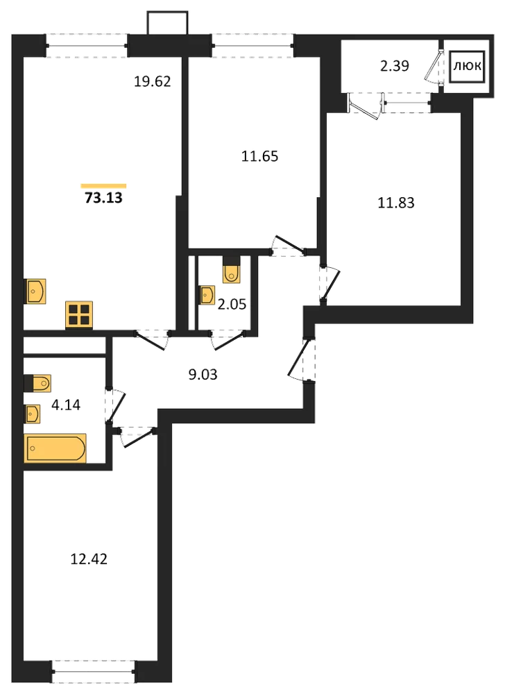 Планировка: 3-комн., 73,1 м²