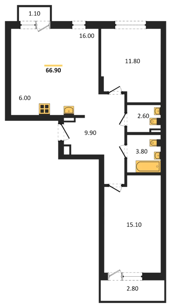 Планировка: 2-комн., 66,9 м²