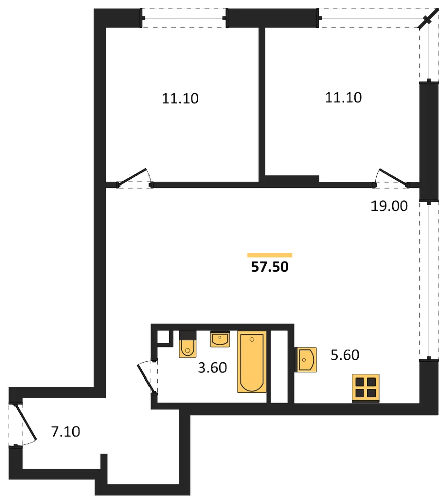 Планировка: 2-комн., 57,5 м²