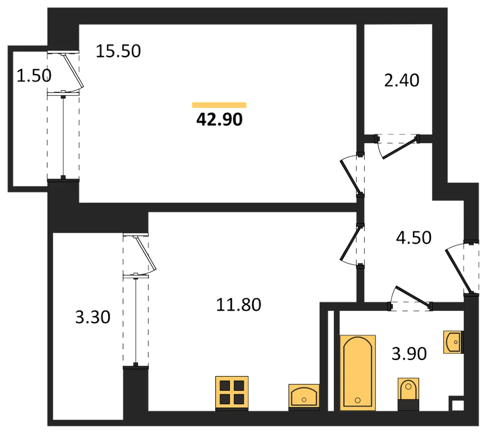 Планировка: 1-комн., 42,9 м²