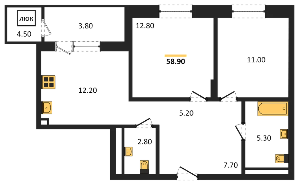 Планировка: 2-комн., 58,9 м²