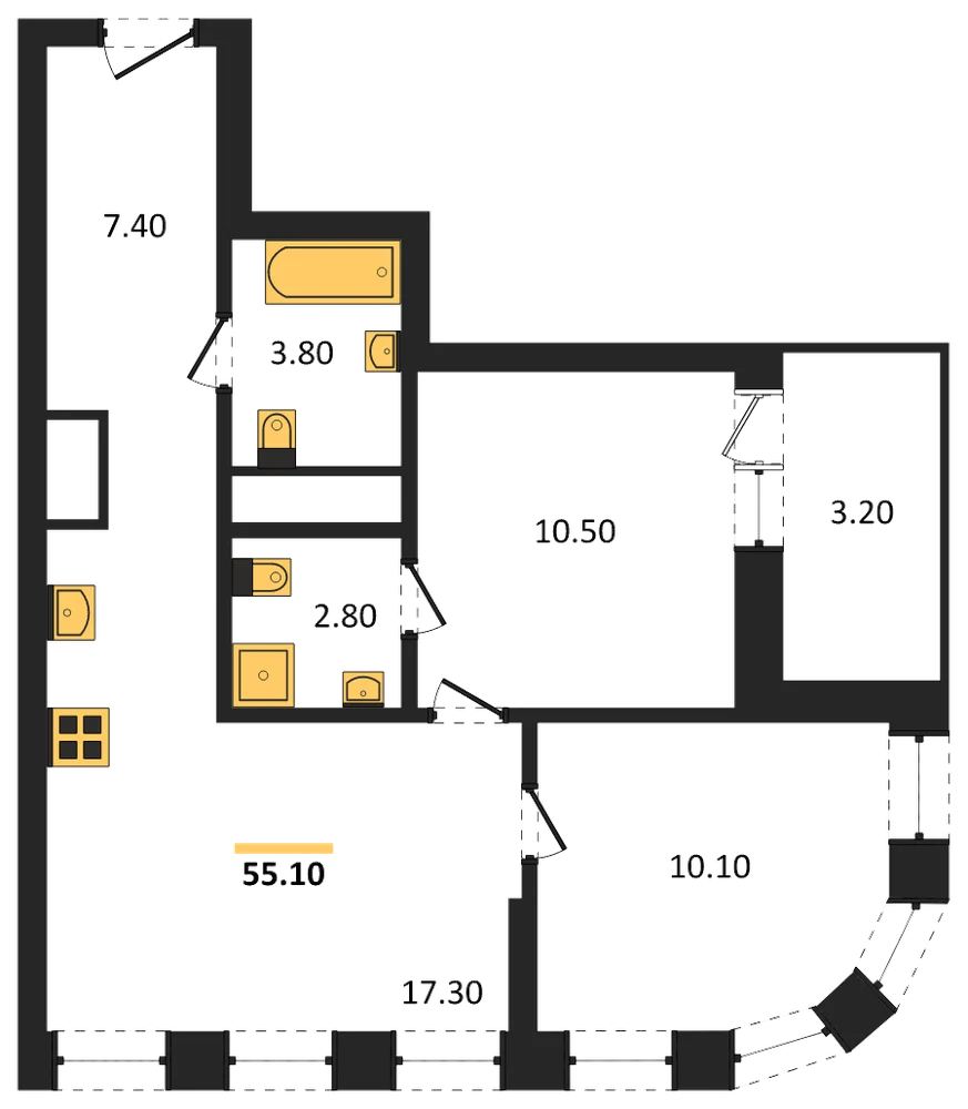 Планировка: 2-комн., 53,5 м²