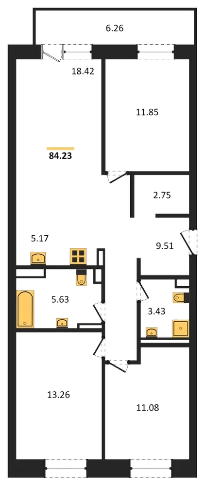 Планировка: 3-комн., 84,2 м²