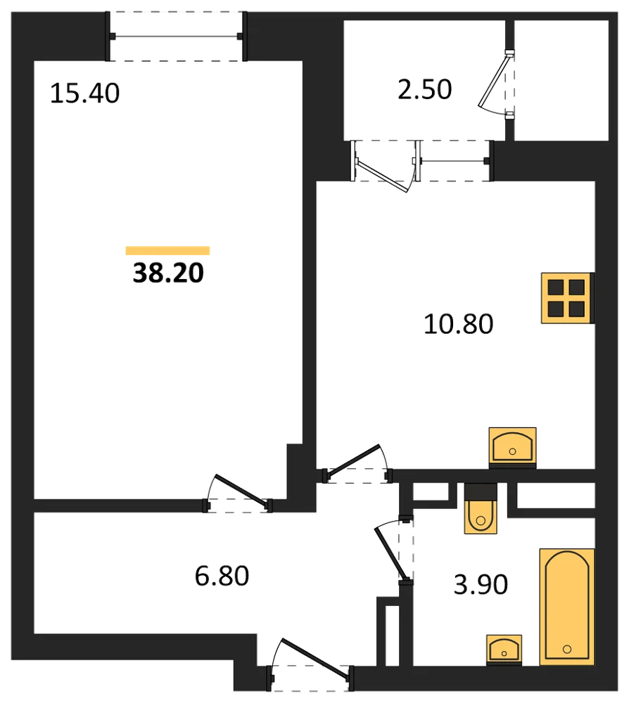 Планировка: 1-комн., 38,2 м²