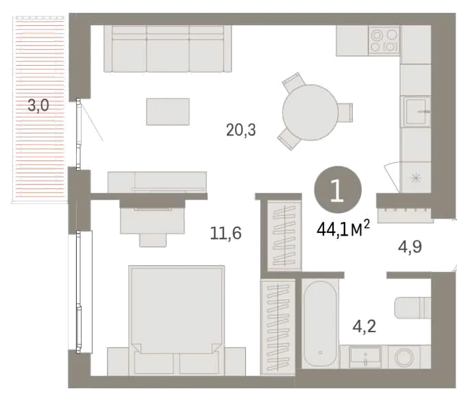 Планировка: 1-комн., 44,1 м²