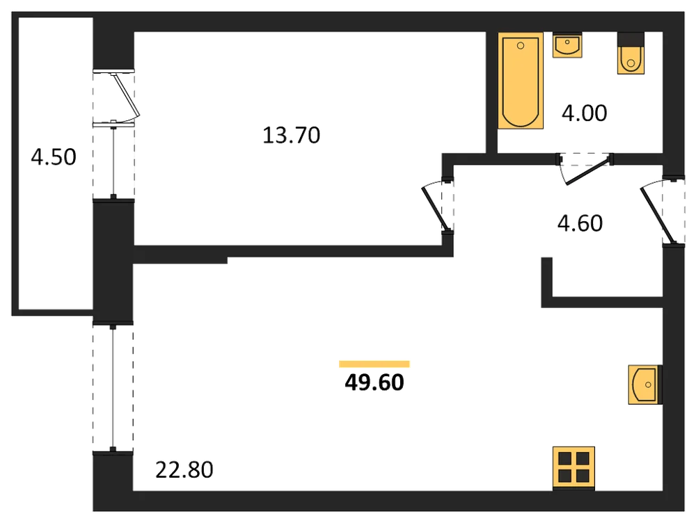 Планировка: 1-комн., 46,5 м²