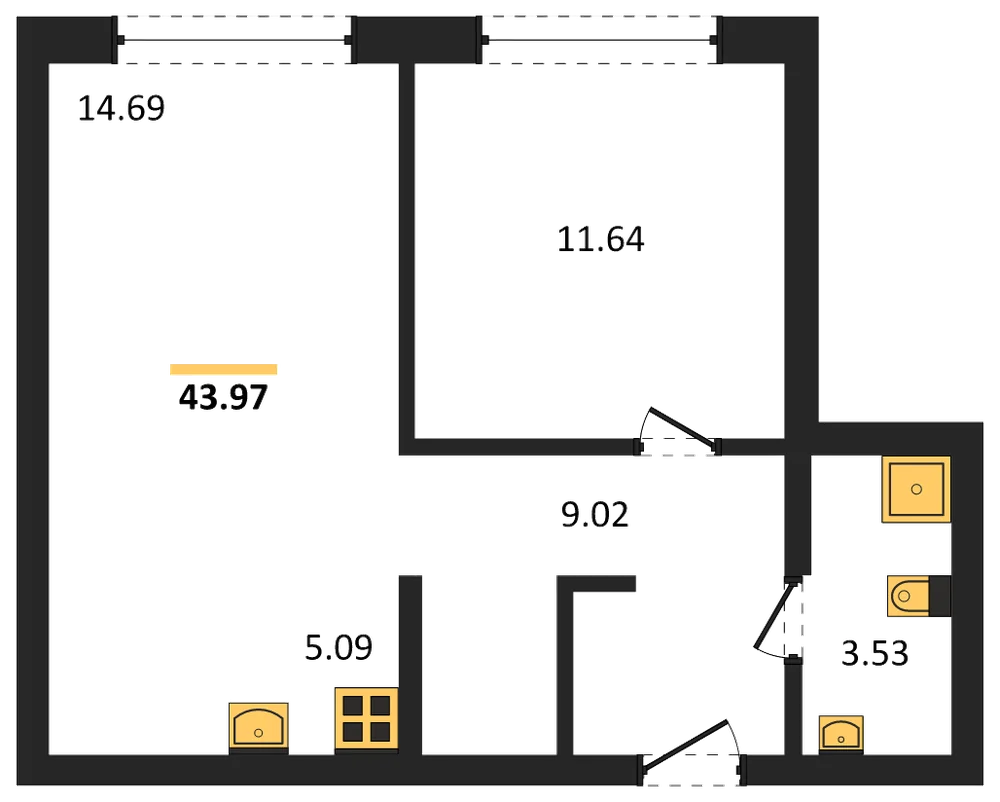 Планировка: 2-комн., 43,9 м²