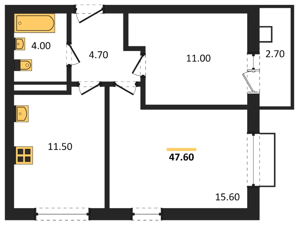 Планировка: 2-комн., 47,6 м²
