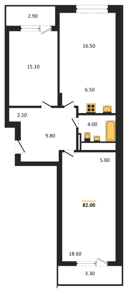 Планировка: 2-комн., 82 м²