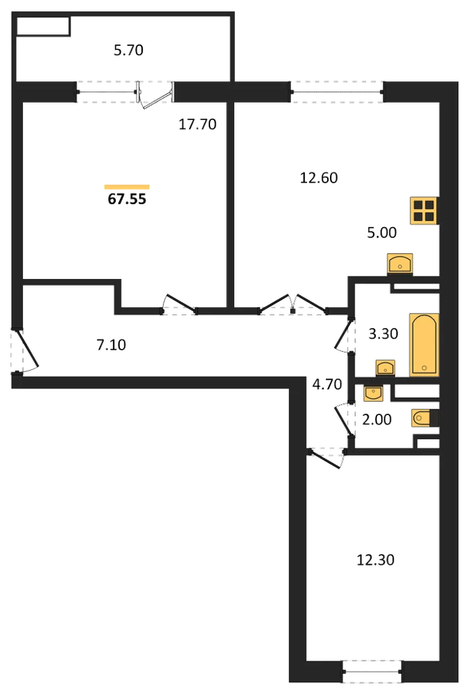 Планировка: 2-комн., 67,6 м²
