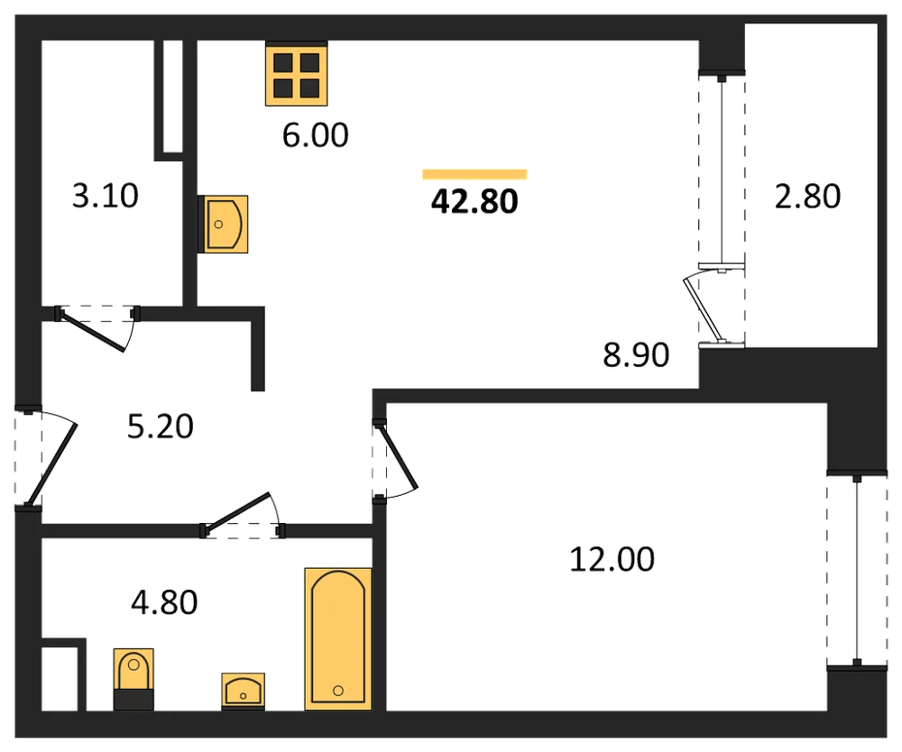 Планировка: 1-комн., 42,8 м²