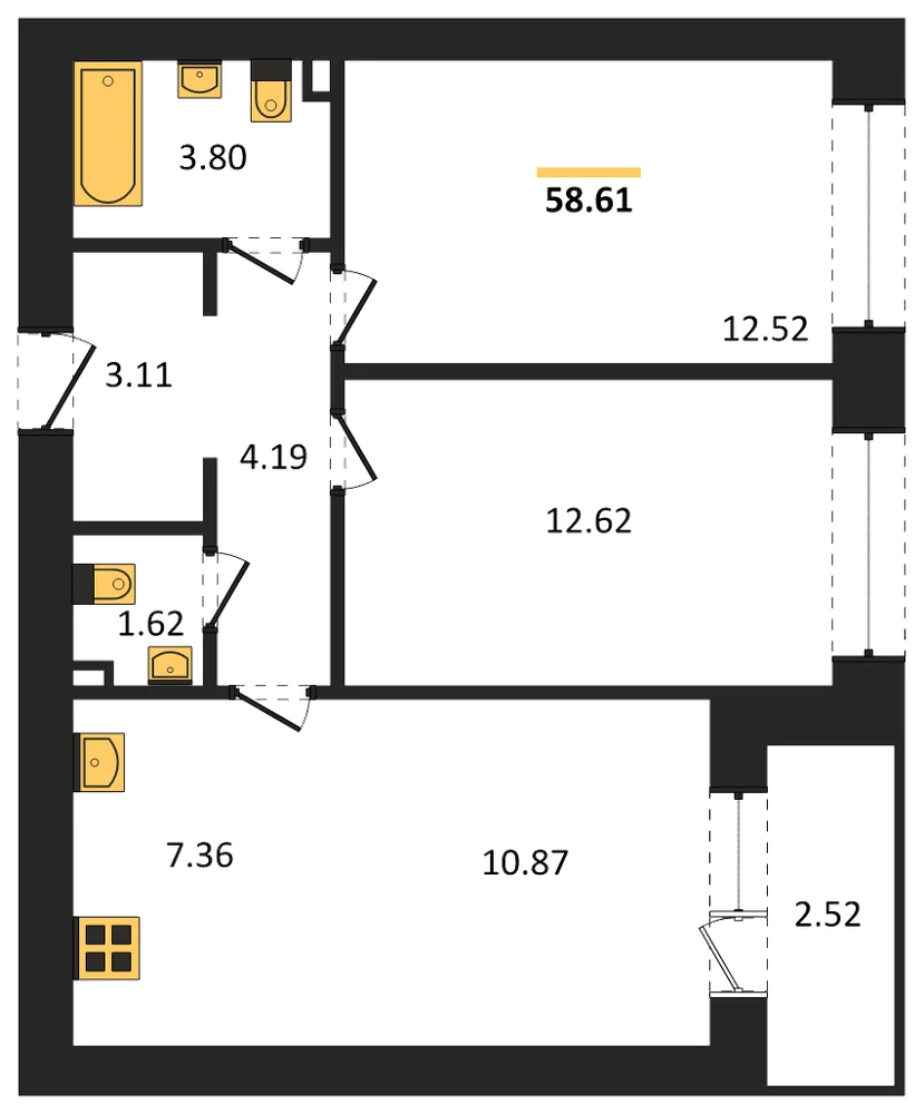 Планировка: 2-комн., 58,6 м²