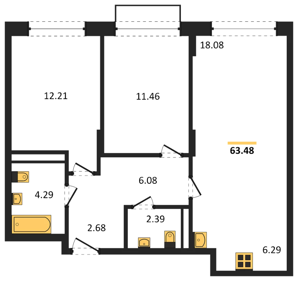 Планировка: 2-комн., 63,5 м²
