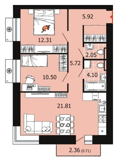 Планировка: 2-комн., 63,1 м²