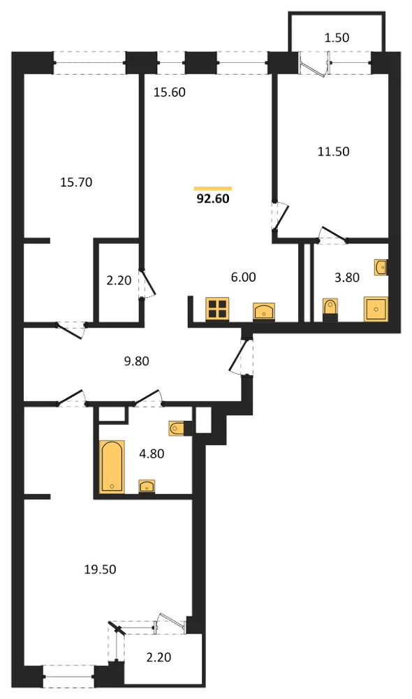 Планировка: 3-комн., 92,6 м²