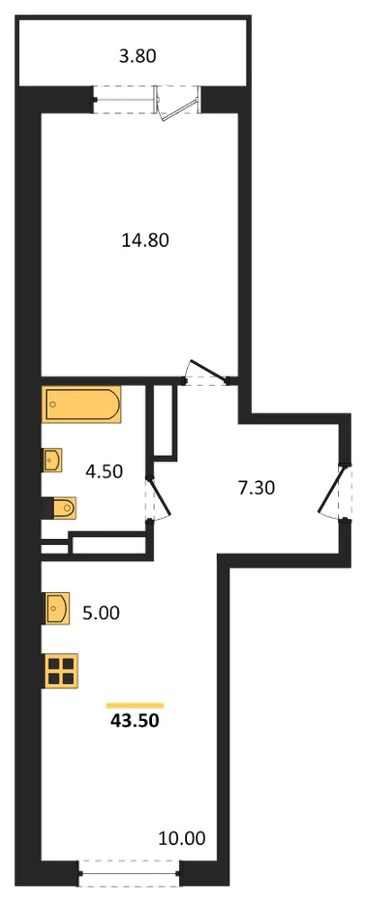 Планировка: 1-комн., 43,5 м²