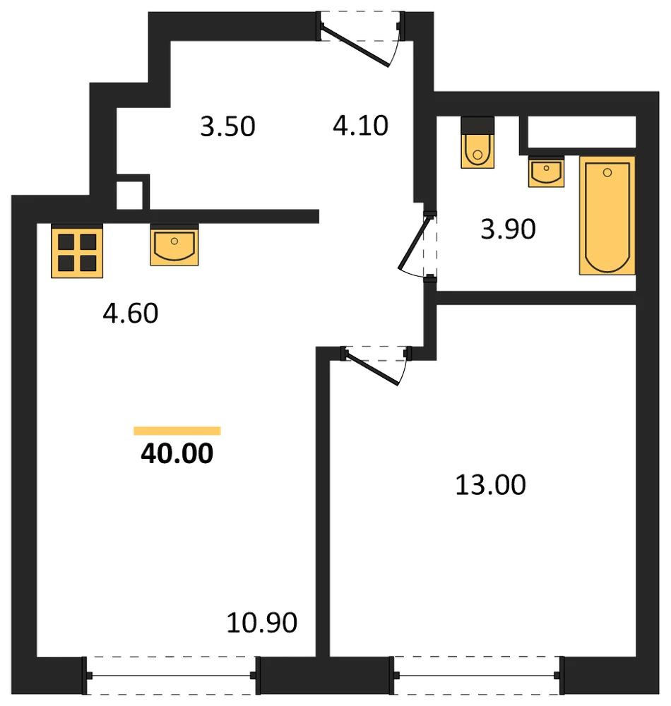 Планировка: 1-комн., 40 м²
