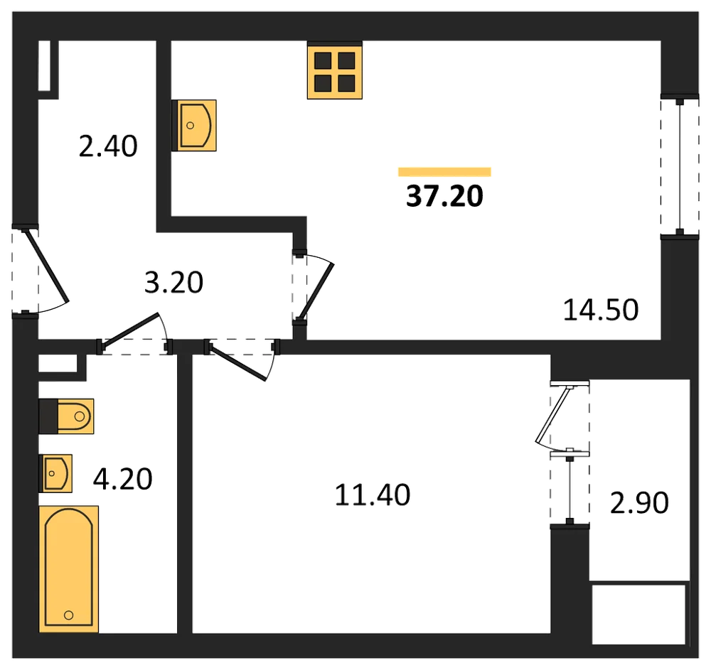 Планировка: 1-комн., 37,2 м²
