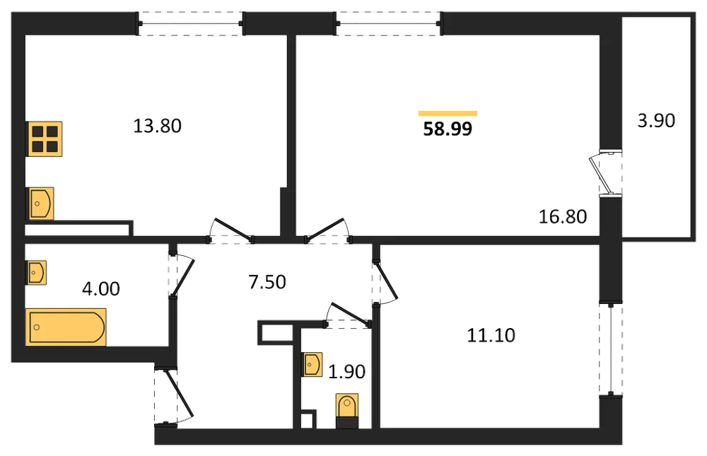 Планировка: 2-комн., 59 м²