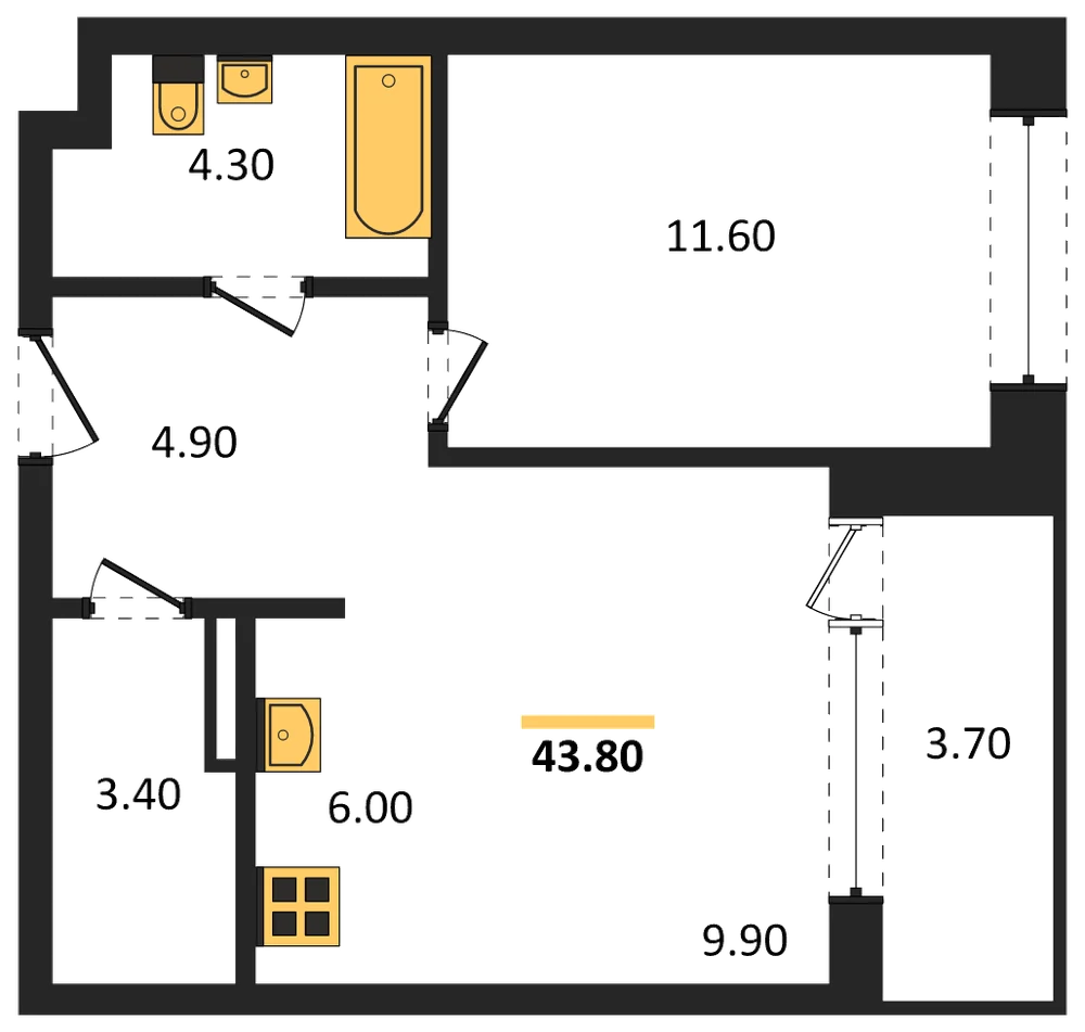 Планировка: 1-комн., 43,8 м²