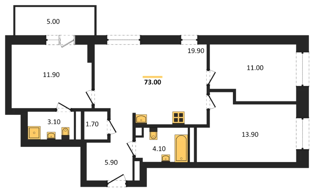 Планировка: 3-комн., 73 м²