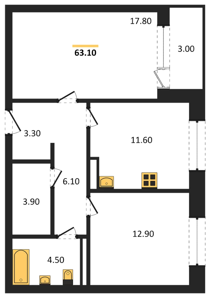 Планировка: 2-комн., 63,1 м²