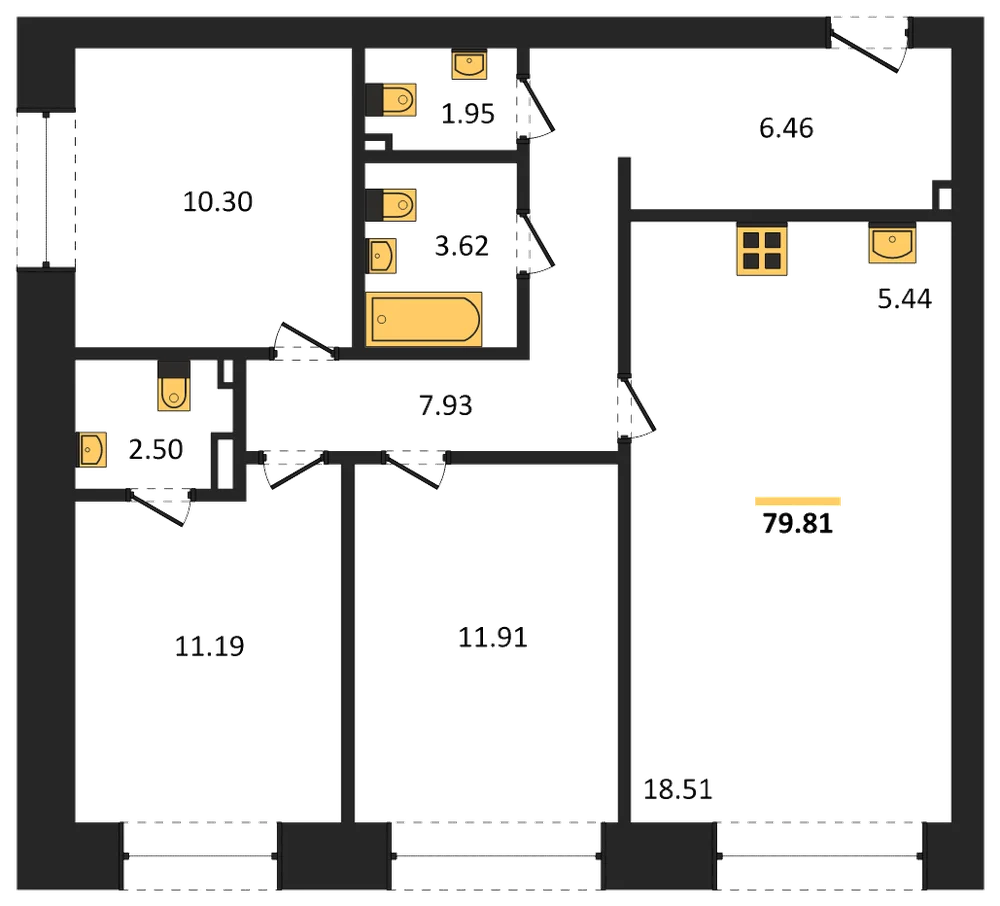 Планировка: 3-комн., 79,8 м²