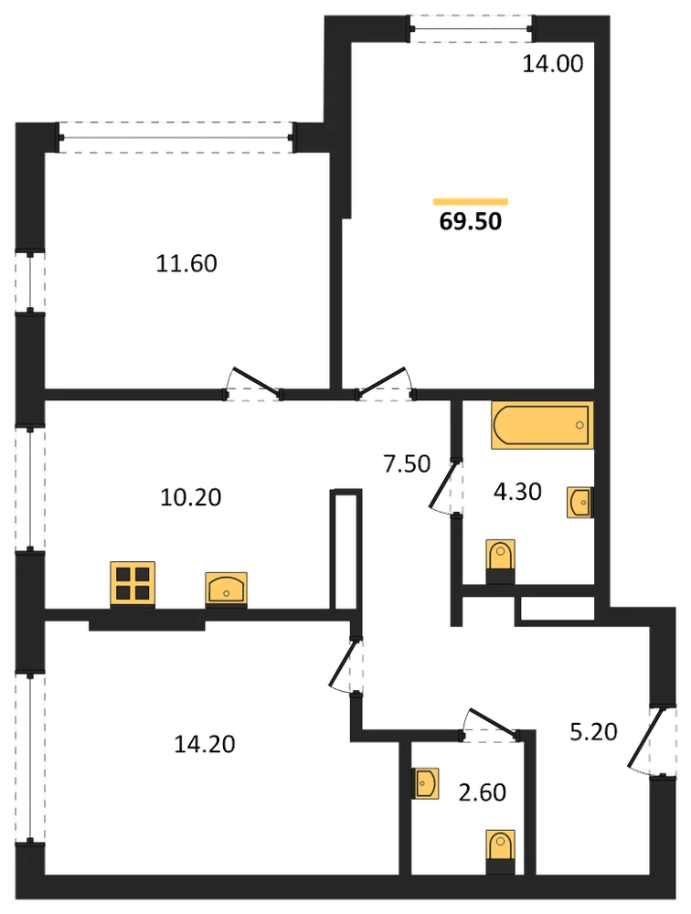 Планировка: 3-комн., 69,5 м²