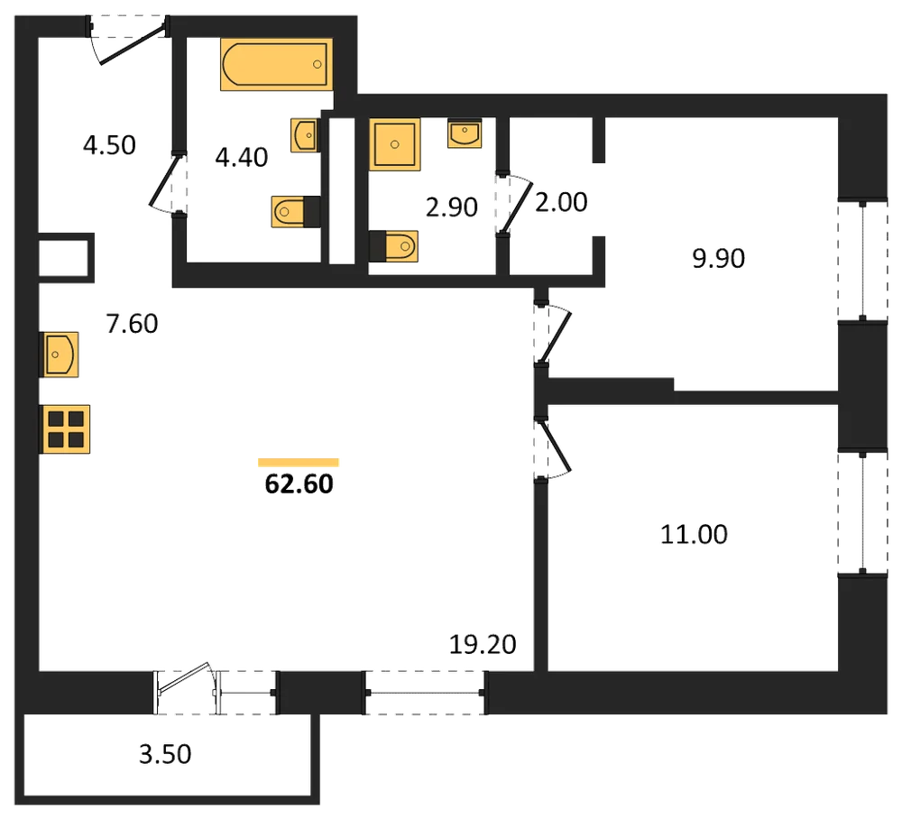 Планировка: 2-комн., 62,6 м²