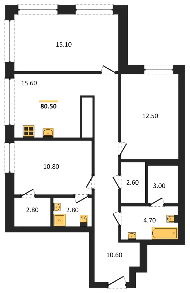 Планировка: 3-комн., 80,5 м²