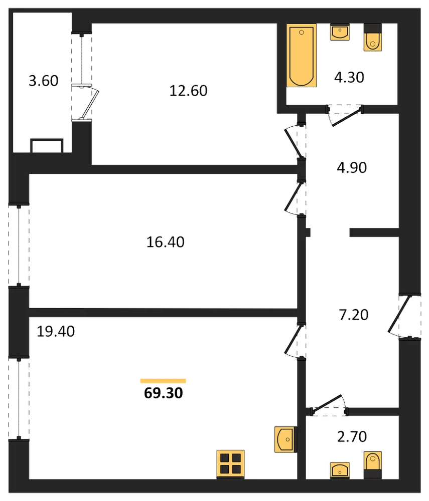 Планировка: 2-комн., 69,3 м²