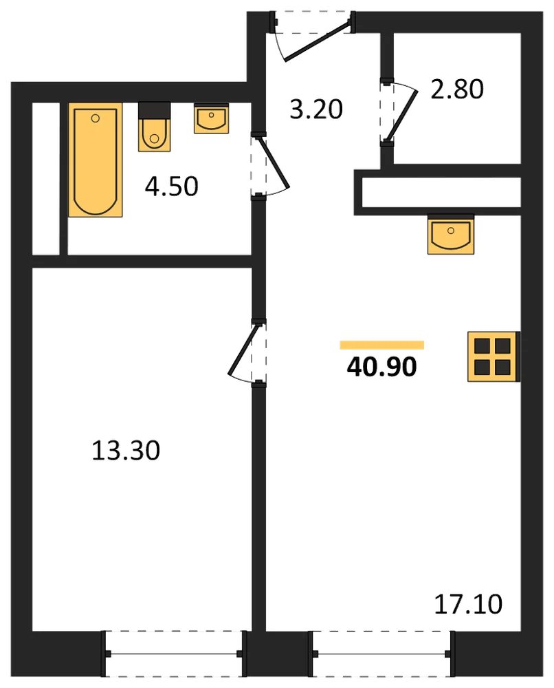 Планировка: 1-комн., 40,9 м²