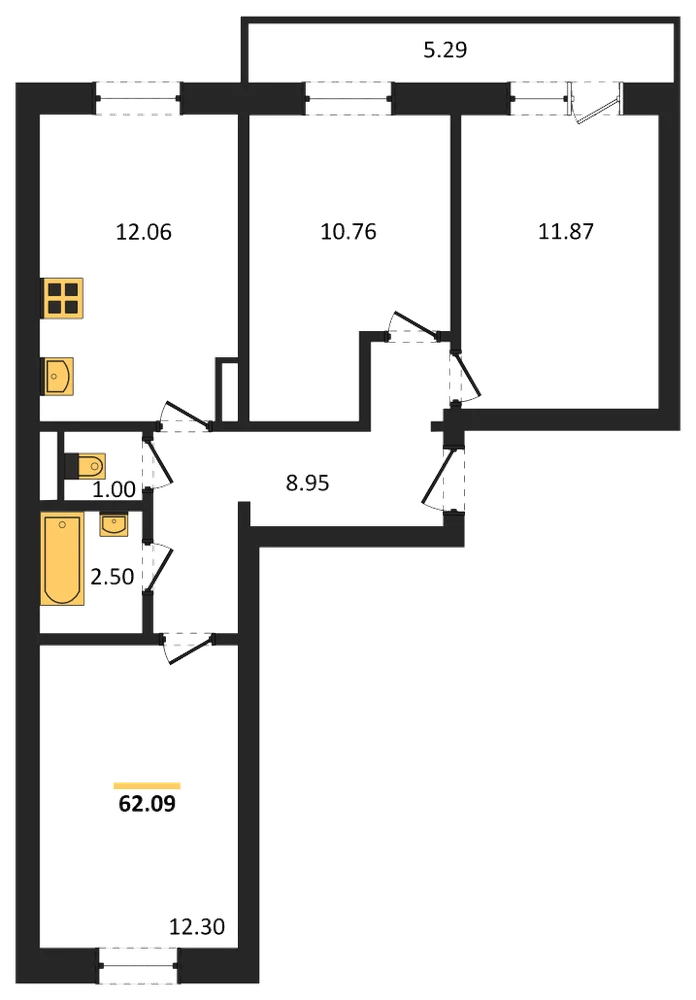 Планировка: 3-комн., 62,1 м²