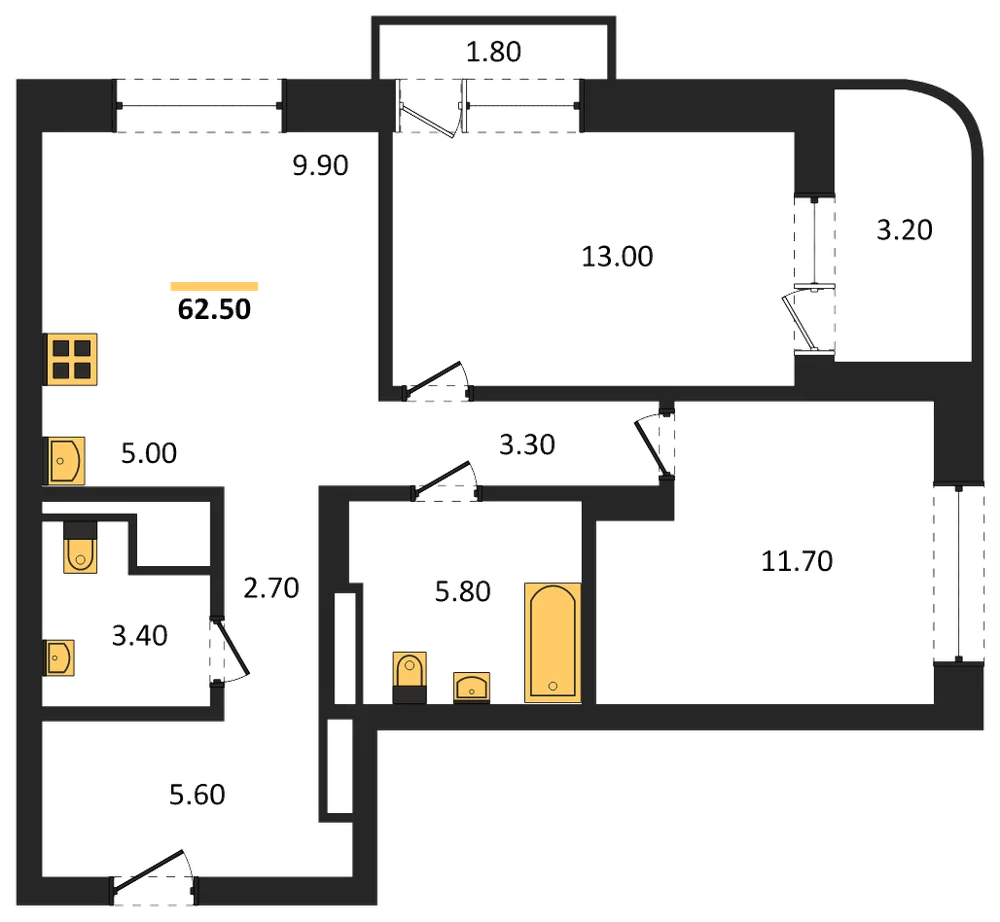 Планировка: 3-комн., 62,5 м²